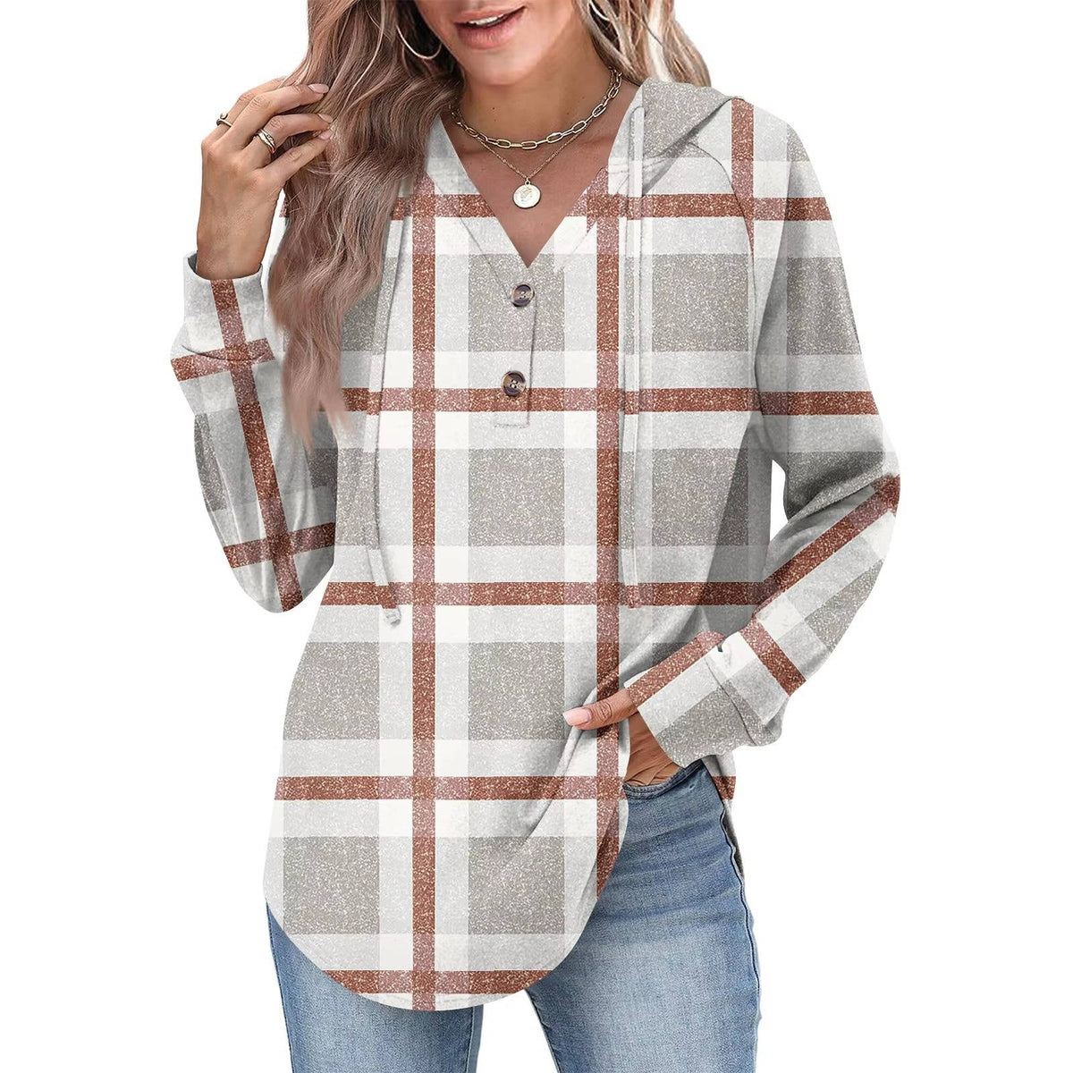Women's cozy v-neck button hoodie sweatshirt adjustable partial button detail versatile everyday wear