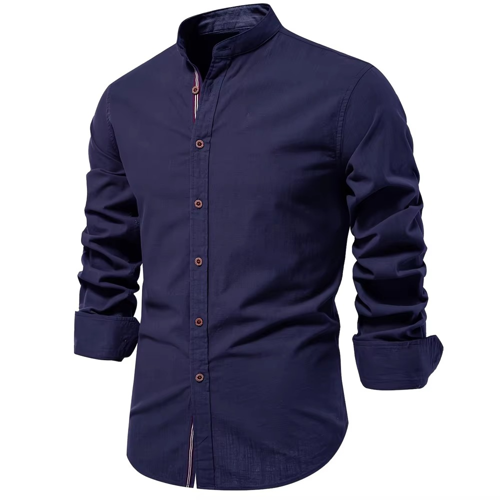 Men's slim fit mandarin collar button-down shirt in cotton-linen blend for a polished modern look