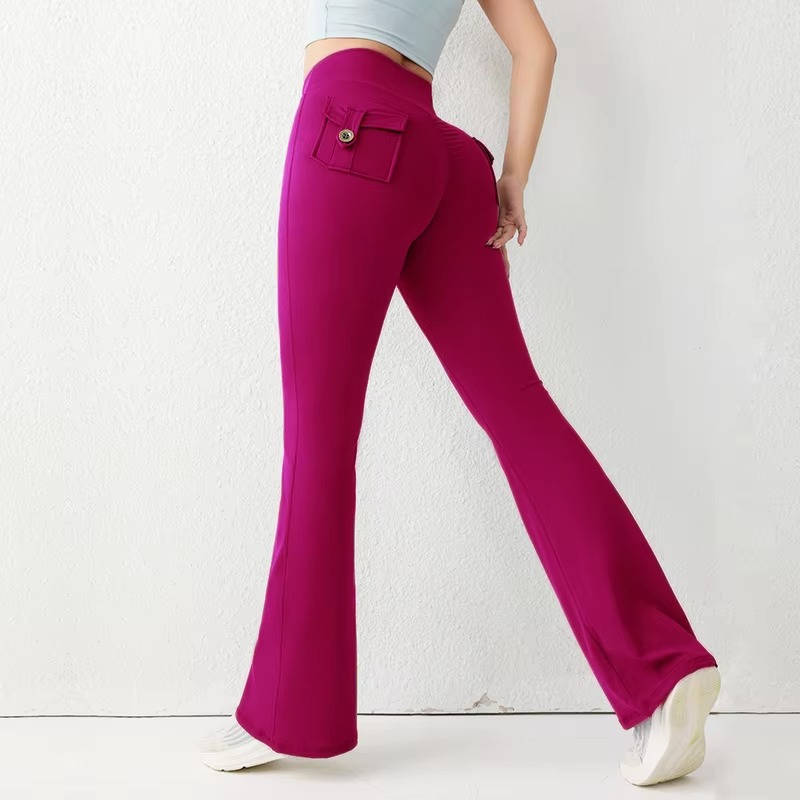Women's high waist flared leggings with side pockets, black, yoga and running style