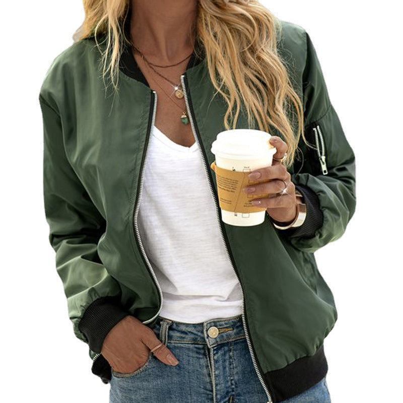 Women casual lightweight zip-up bomber jacket street-ready clean silhouette easy-to-layer everyday style