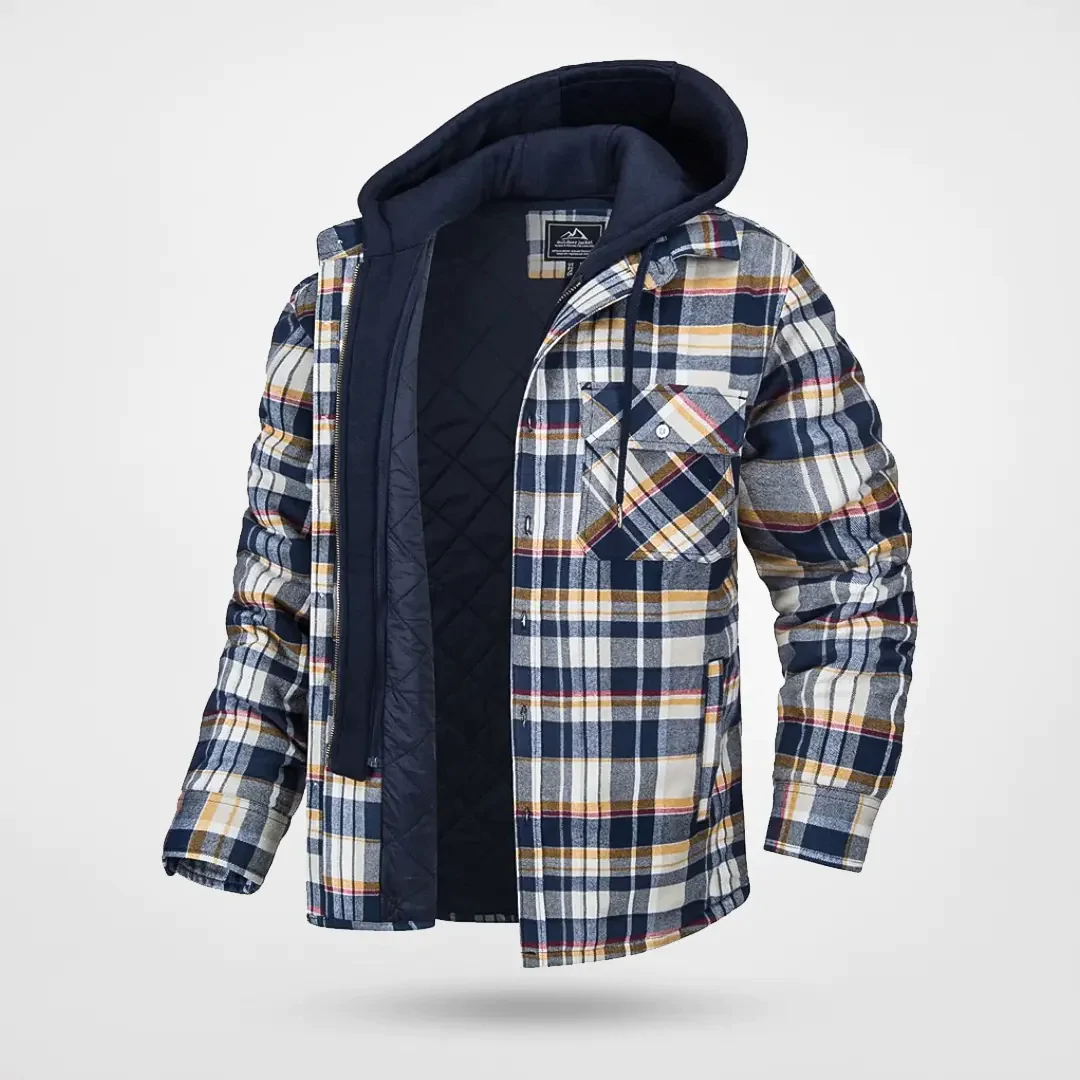 Men's hooded checkered coat relaxed fit with quilted lining, plaid pattern cold weather outerwear