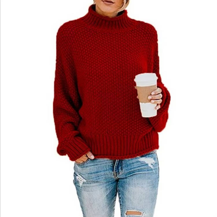Women's cozy knitted turtleneck pullover sweater in soft acrylic blend, relaxed modern silhouette