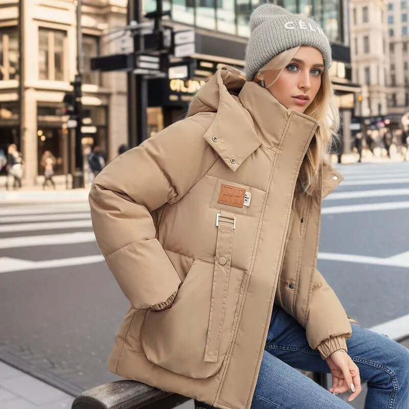 Women's quilted insulated mid-length jacket oversized boxy fit with detachable hood