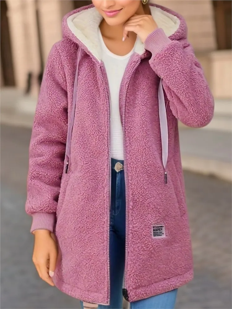 Women's mid-length hooded fleece coat loose fit zipper closure plush texture cozy everyday warmth