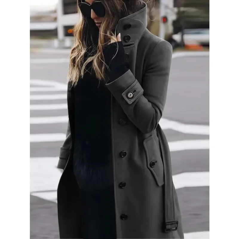 Women's full-length belted wool coat stand collar professional style warm structured elegant fit