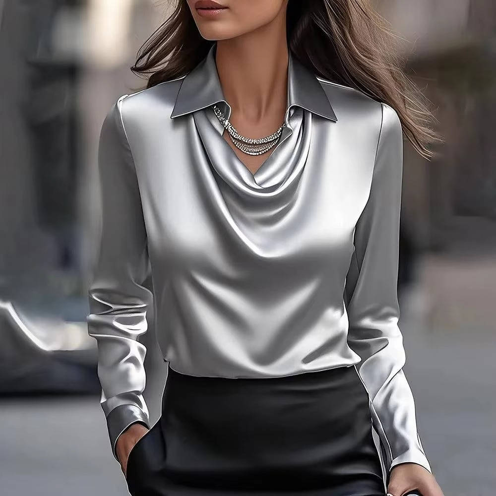 Satin cowl neck long sleeve top in elegant finish with soft drape and sleek silhouette
