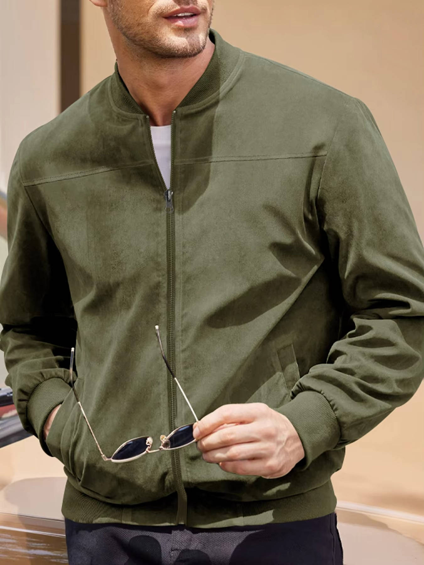 Men's lightweight suede bomber jacket windproof water-repellent with polished suede-like finish