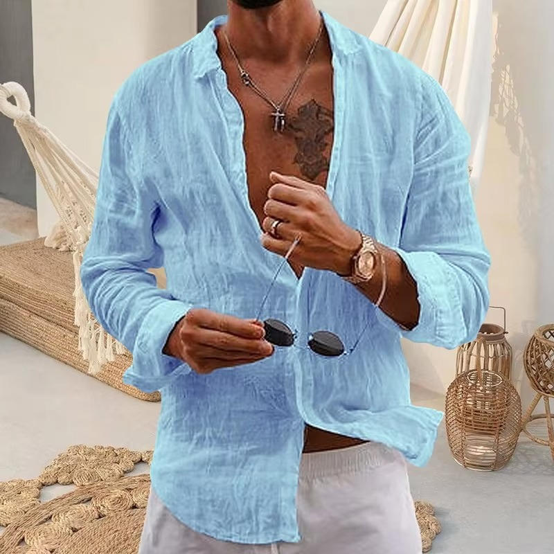 Men's natural beige linen long sleeve shirt lightweight breathable casual fit daily wear top