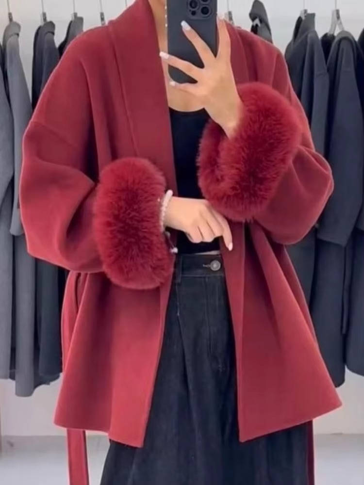 Wavlynn women's wrap short coat belt wool-blend warm streamlined silhouette adjustable lace-up fur