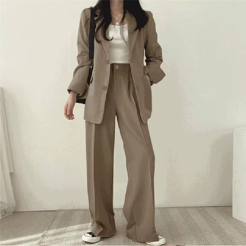 Women's casual two-piece pant suit set with blazer and wide-leg pants, wrinkle-resistant polished style