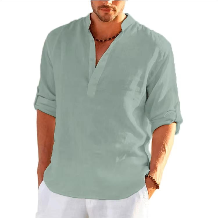 Men's light beige linen Henley shirt rolled sleeves three-button placket casual summer fit