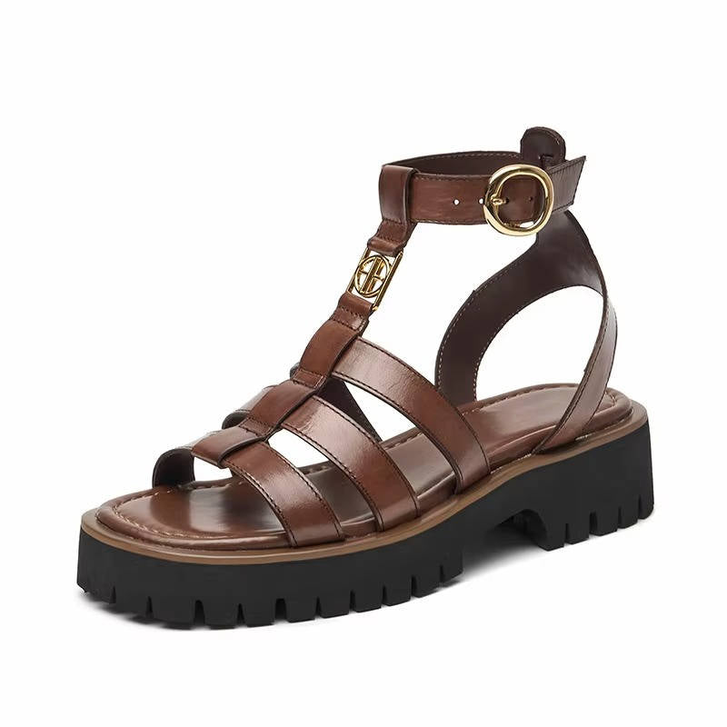 Women's brown premium leather gladiator sandals with multi-strap design for all-day comfort