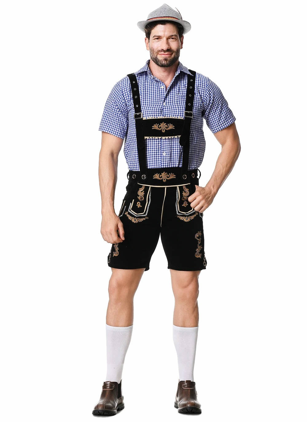 Men's brown Bavarian Lederhosen short set with embroidered suspenders, shirt, hat, Oktoberfest costume
