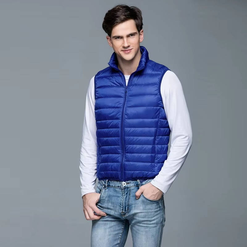 Men's navy blue lightweight packable down vest slim fit with zippered chest pocket