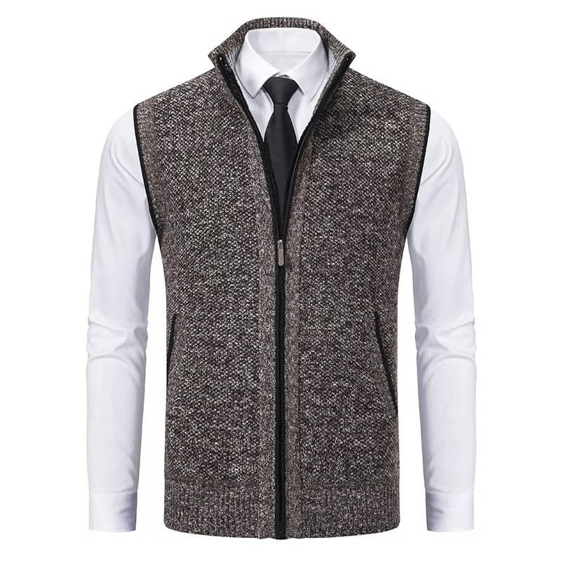 Men's wool tweed zip-front sleeveless vest in classic neutral, versatile formal casual layering