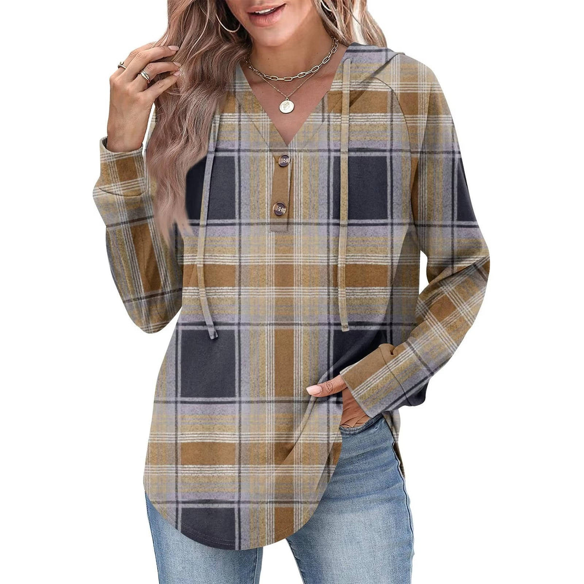 Women's gray v-neck button hoodie sweatshirt with adjustable partial button detail for versatile everyday wear