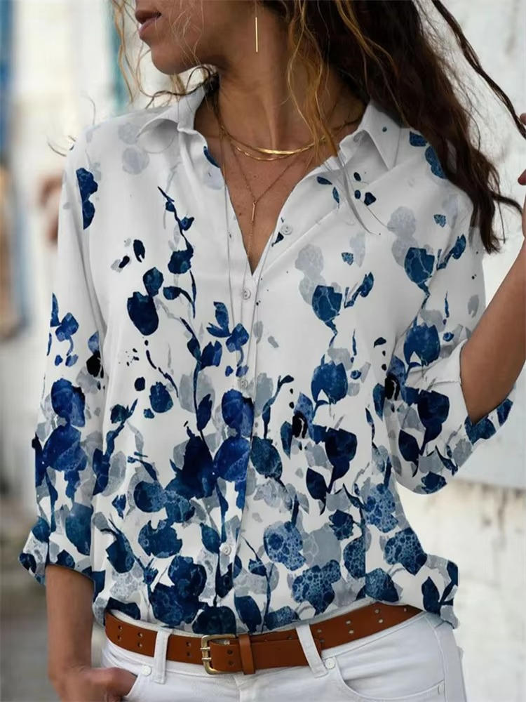 Women's oversized geometric color-block print button-down shirt with rolled long sleeves and classic collar