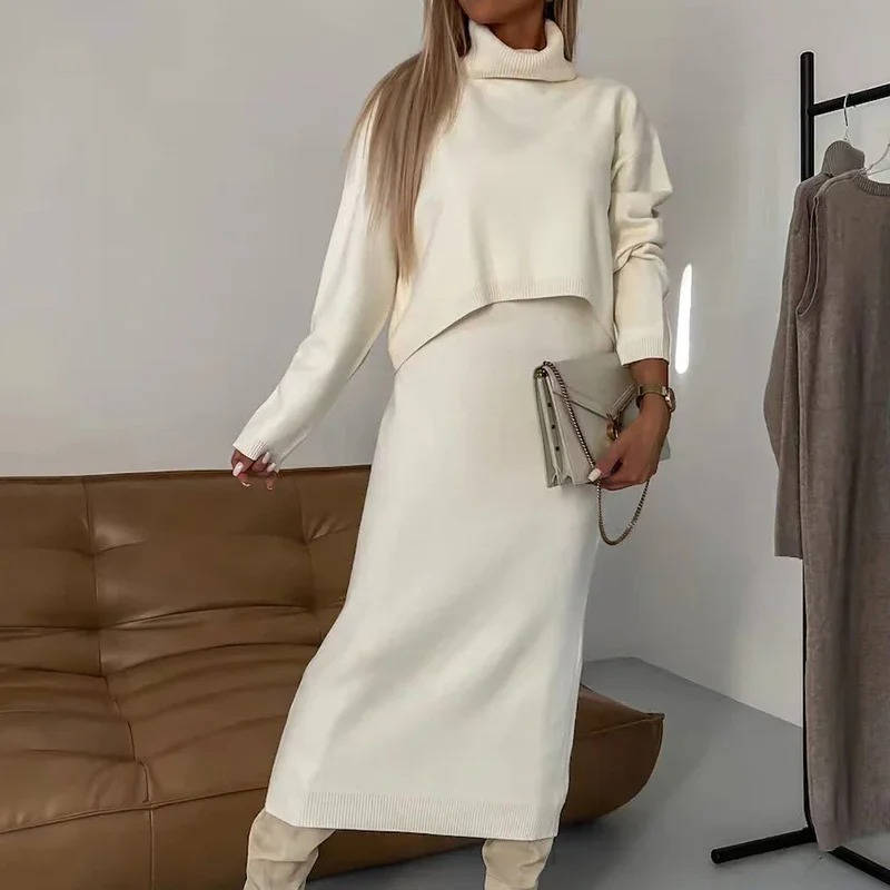 Women's black turtleneck 2-piece knit midi dress set with long sleeves and stretch fit