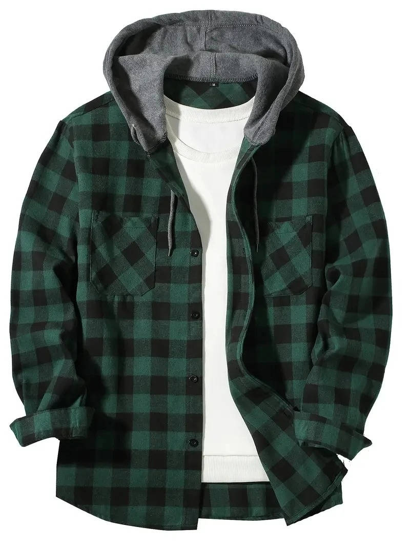 Men's red black buffalo plaid flannel shirt with fleece-lined adjustable hood, lightweight brushed cotton