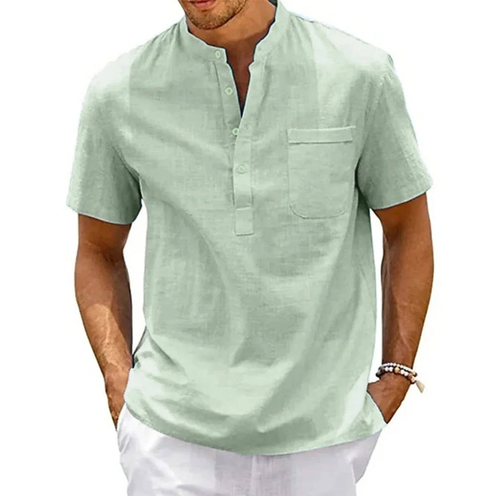 Beige men's linen Henley shirt, short sleeves, relaxed fit casual summer top with chest pocket