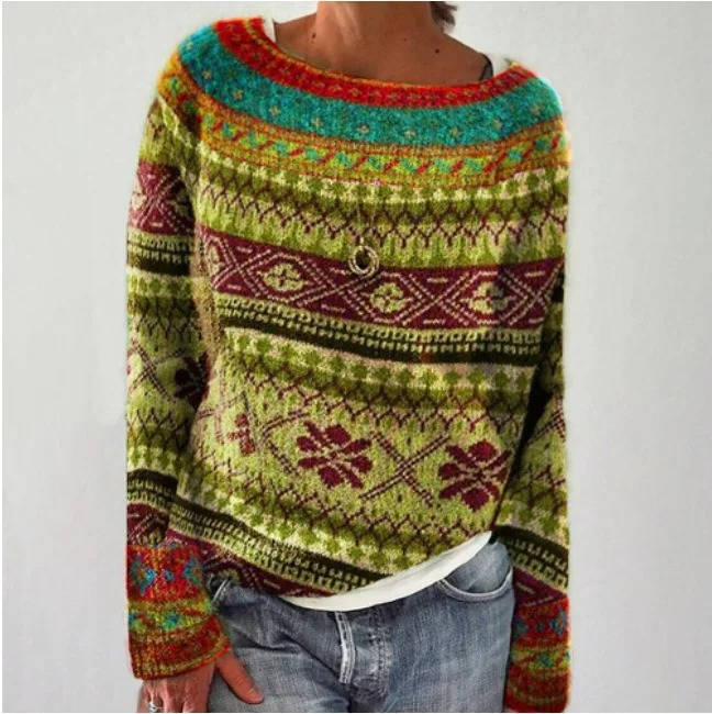 Women's soft wool Nordic sweater with Fair Isle print in cozy everyday style and vintage Aztec motif
