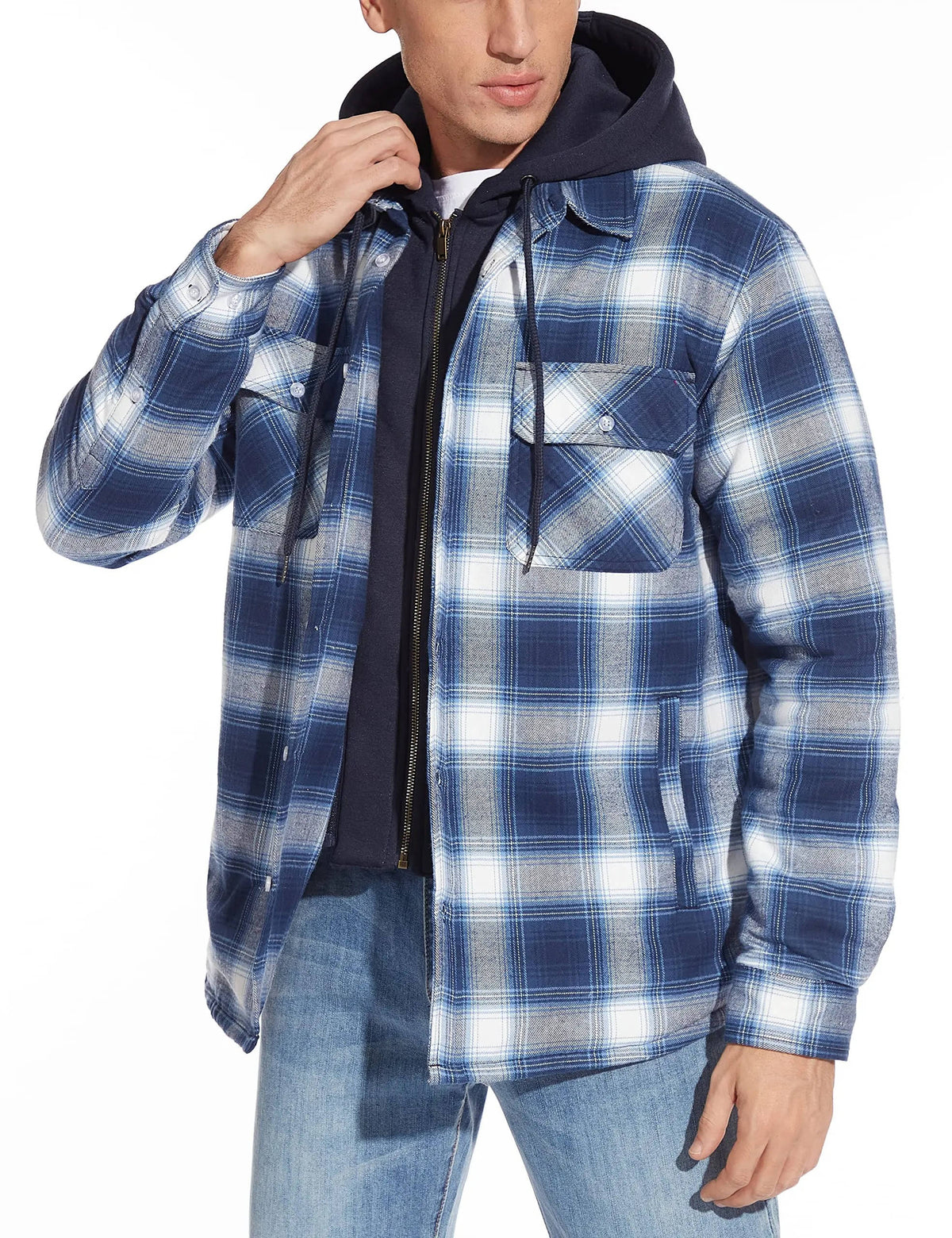 Men's plaid bomber jacket with hood, zip-button front closure, warm lining, everyday casual style