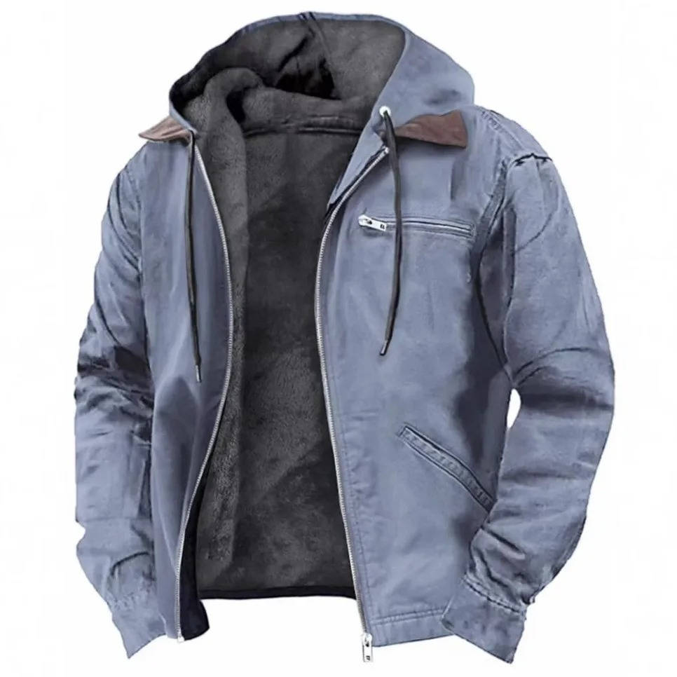 Men's lightweight hooded fleece jacket with full zipper, windproof polyester shell for winter outerwear