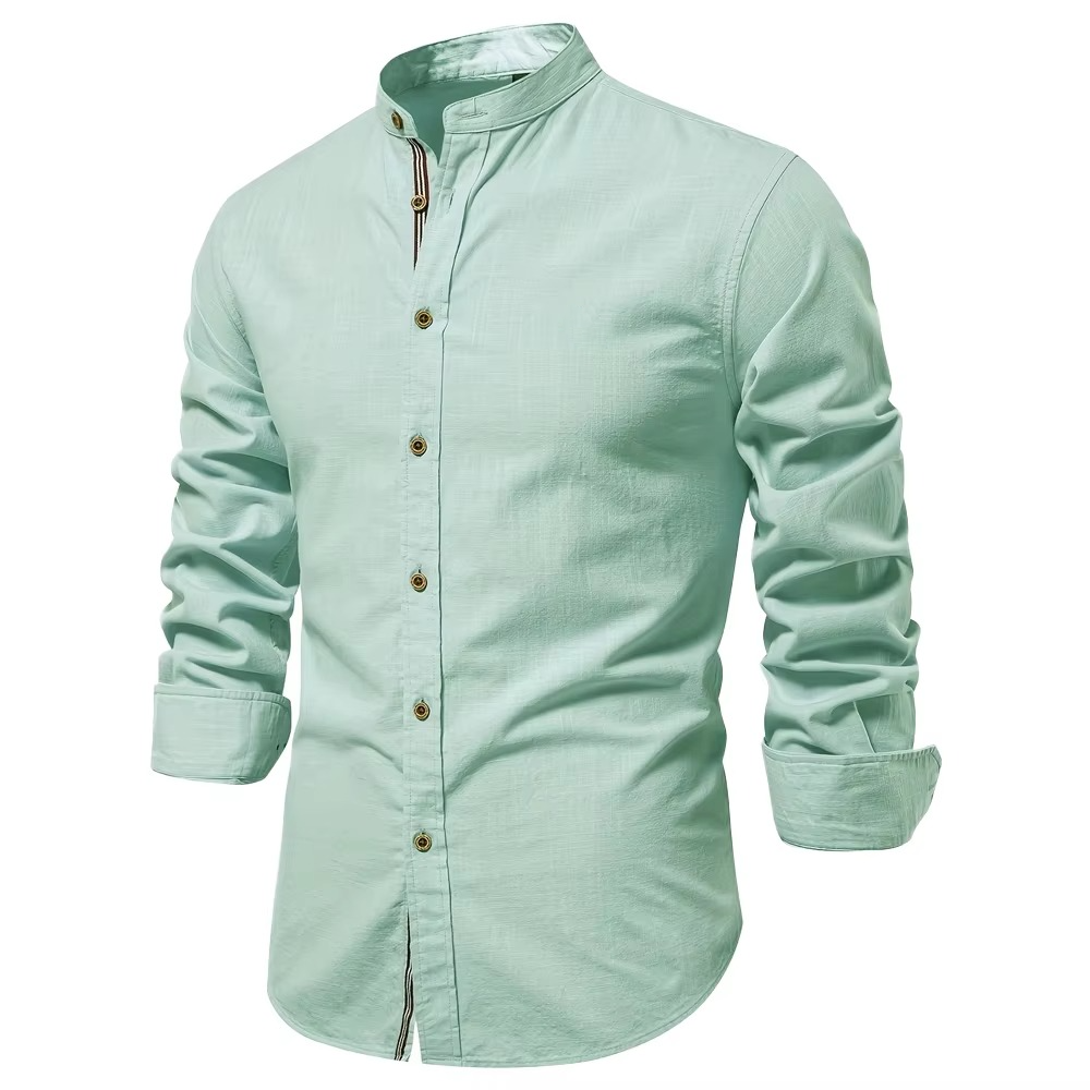 Men's slim fit mandarin collar button-down shirt in cotton-linen blend for a polished modern look