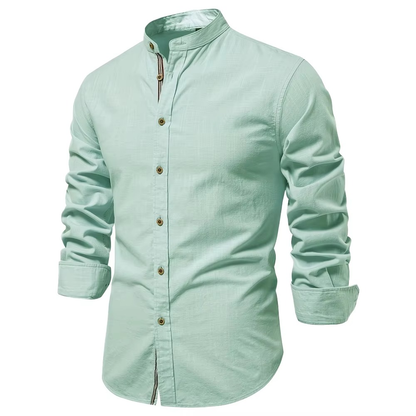 Men's slim fit mandarin collar button-down shirt in cotton-linen blend for a polished modern look