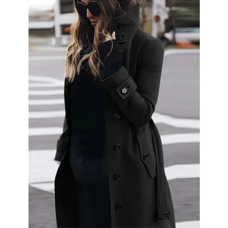 Women's slim fit full-length wool coat stand collar tailored workwear style in classic neutral tone