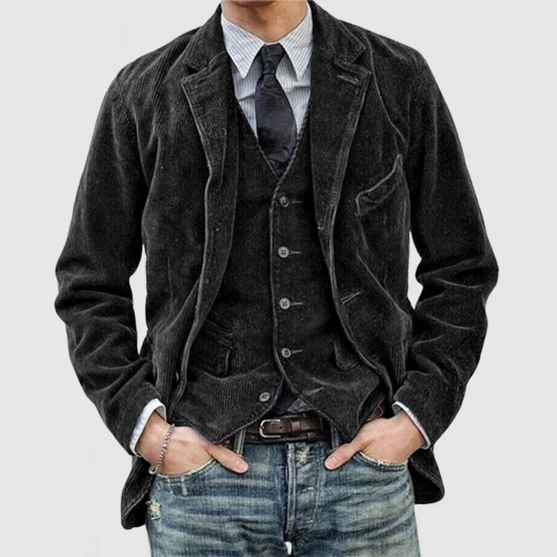 Men's brown corduroy two-piece blazer and vest set with notch lapel relaxed fit