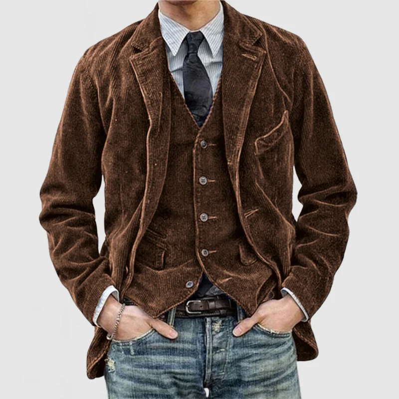 Men's brown corduroy two-piece blazer and vest set with notch lapel relaxed fit