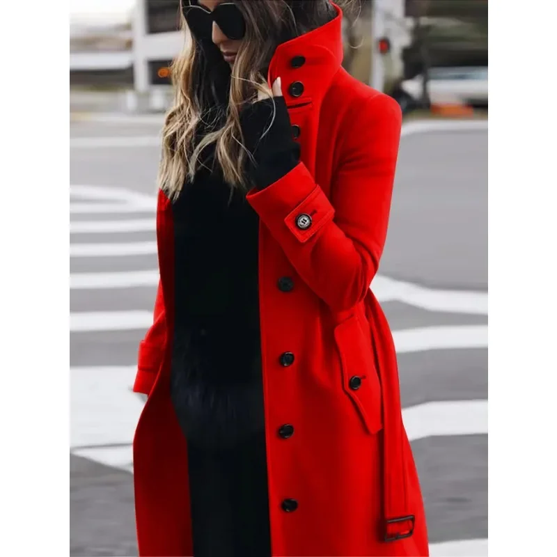 Women's slim fit full-length wool coat with stand collar in tailored workwear style