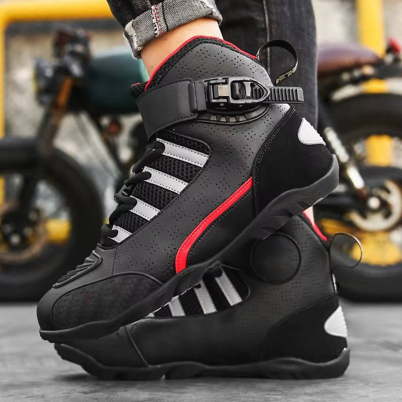 Men's motorcycle sneaker boots with protective padding, adjustable strap, urban riding style