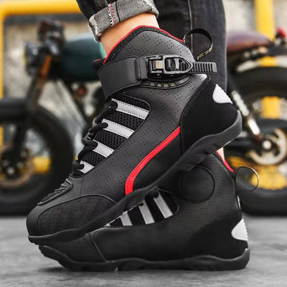 Men's motorcycle sneaker boots with protective padding, adjustable strap, urban riding style