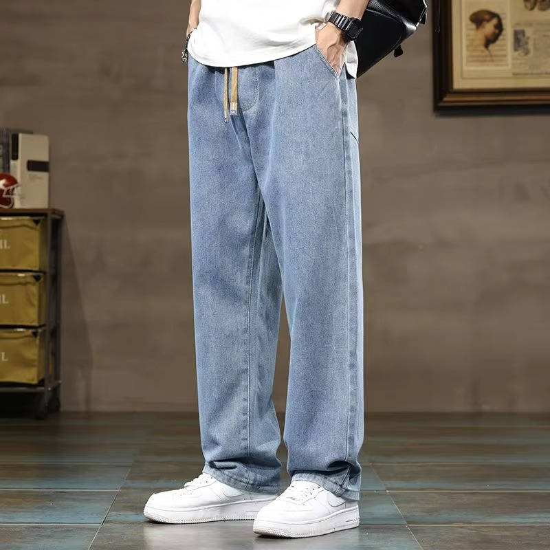 Men's relaxed fit drawstring denim jeans casual everyday wear comfortable elastic waist pull-on style