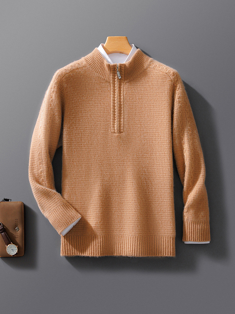 Men's wool knit relaxed fit pullover sweatshirt with zip collar, long sleeve casual style