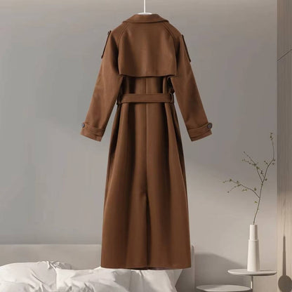 Women oversized long trench coat wool-polyester blend timeless office-ready silhouette