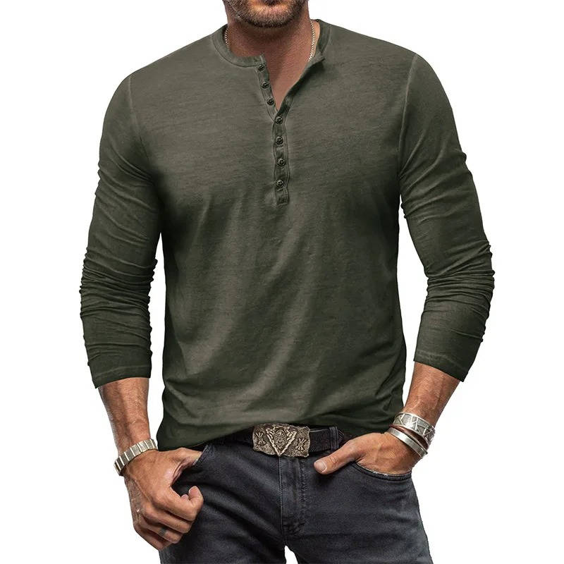 Men's white cotton long sleeve Henley shirt slim stretch fit with button placket for casual wear