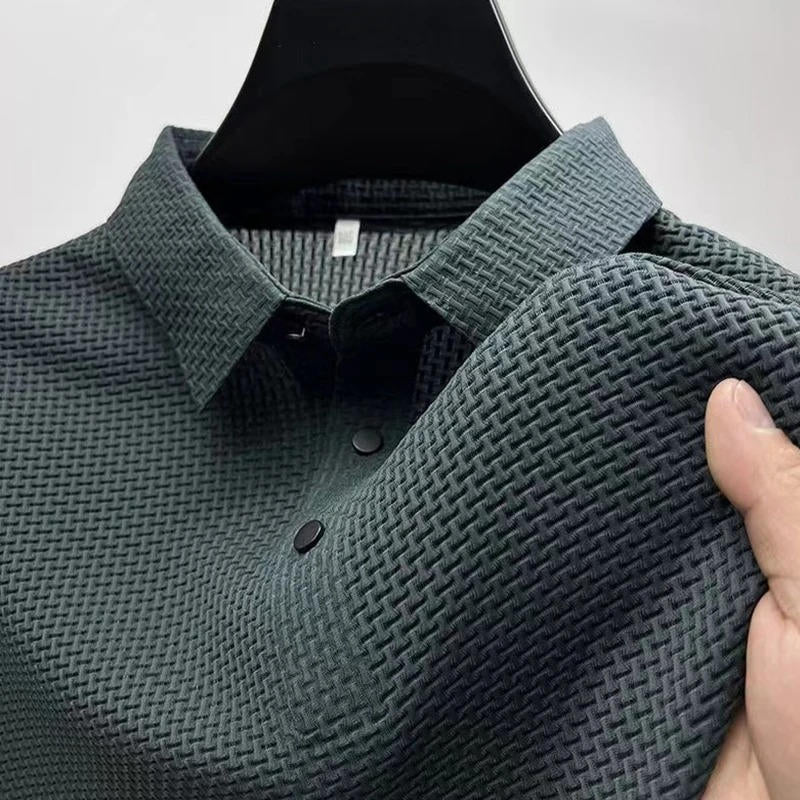 Men's gray knitted polo shirt short sleeve slim fit breathable stretch performance fabric everyday wear