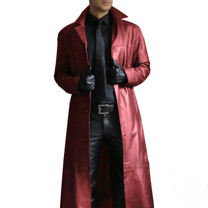 Men's brown vegan leather trench coat windproof long cut turn-down collar vintage style