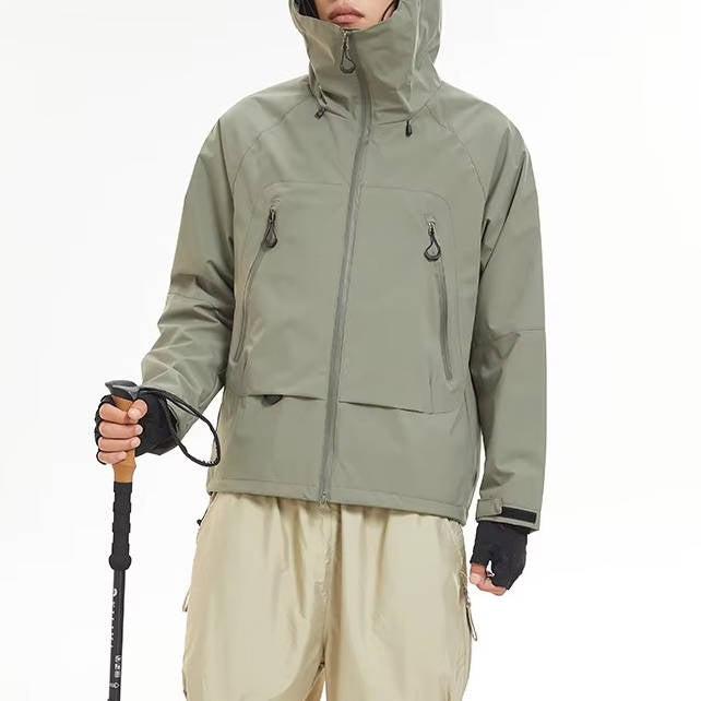 Men's waterproof gray hiking jacket with hood, windproof rain shell, front pockets, all-weather outdoor fit