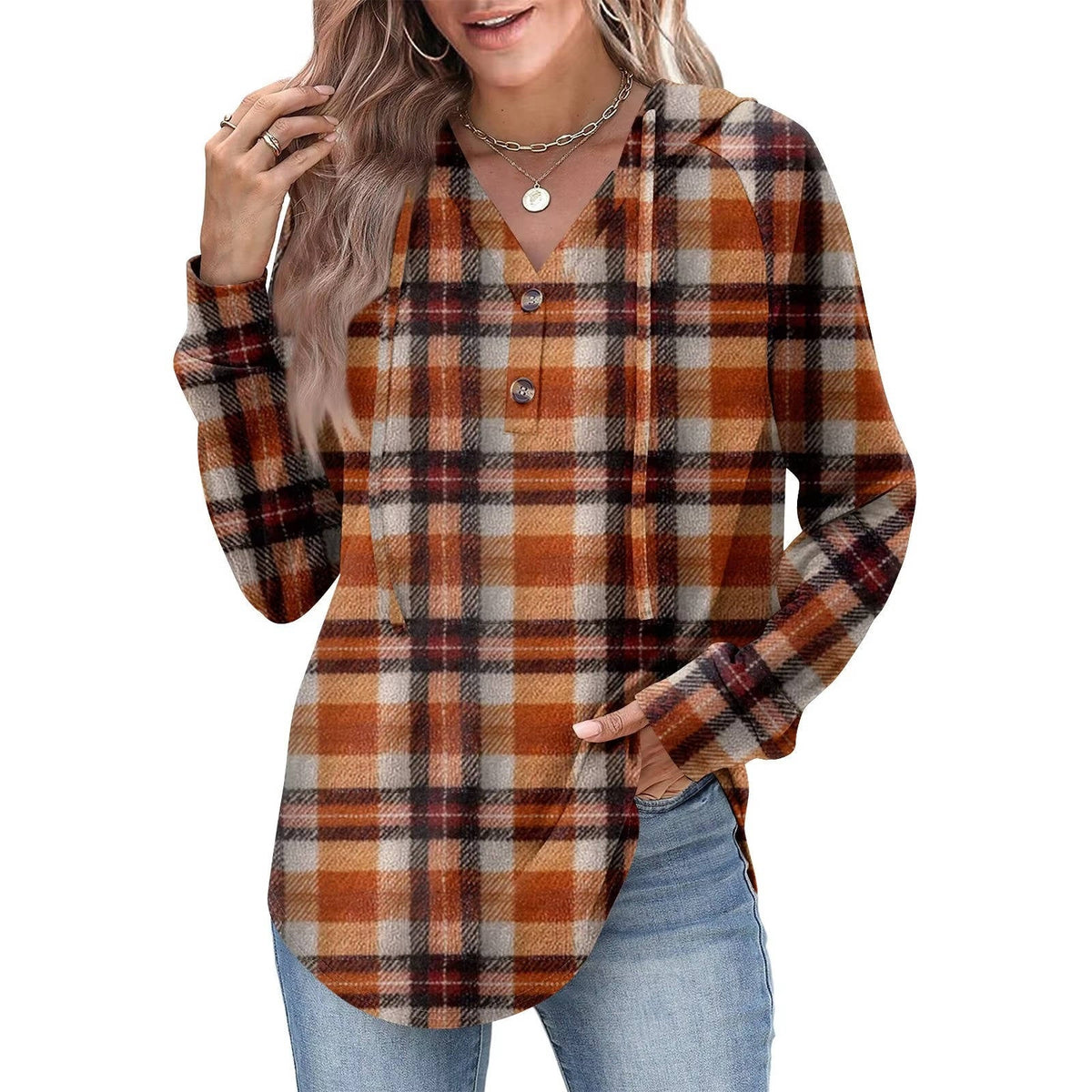 Women's cozy v-neck button hoodie sweatshirt adjustable partial button detail versatile everyday wear