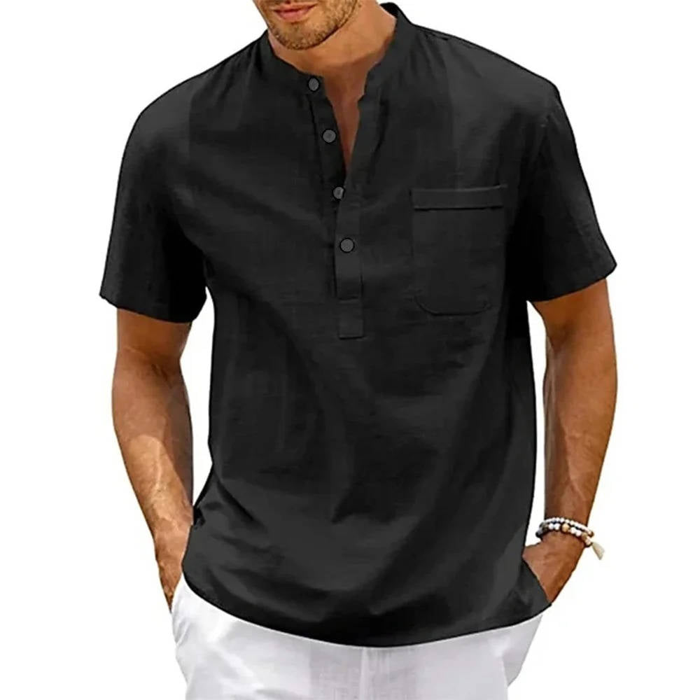 Beige men's linen Henley shirt, short sleeves, relaxed fit casual summer top with chest pocket