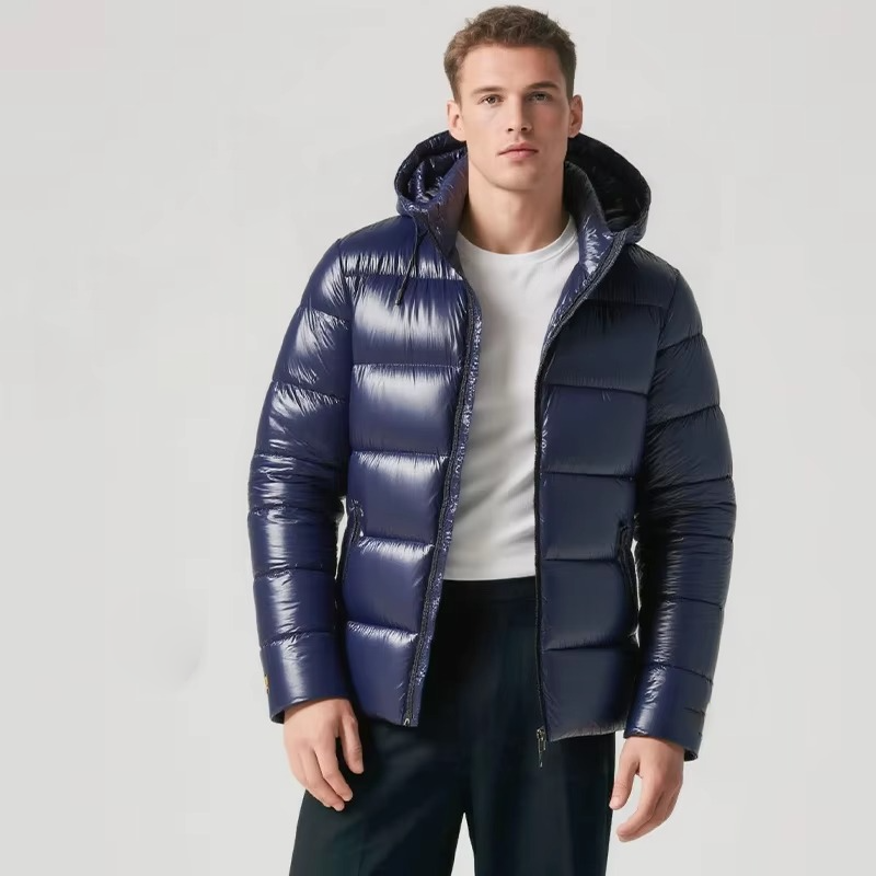 Men's navy insulated puffer jacket waterproof detachable hood lightweight winter coat