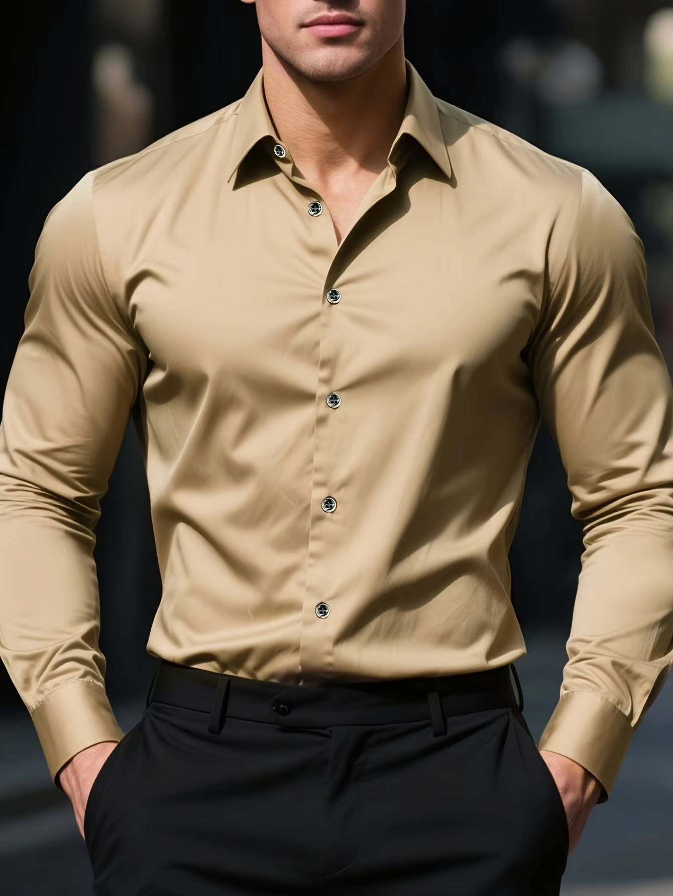 Men's slim fit long sleeve button-down dress shirt with cuffs, stretch fabric for office and casual wear