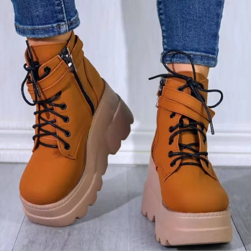 Black goth platform combat boots women chunky sole lace-up high heel vegan PU leather