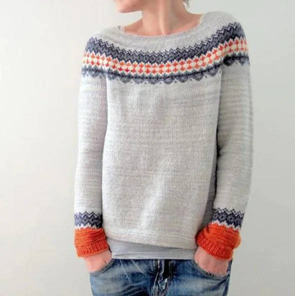 Women's soft wool Nordic sweater with Fair Isle print cozy vintage Aztec mountain motif everyday warmth