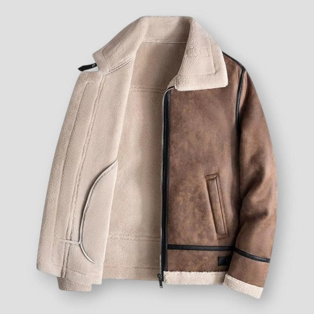 Men's black faux leather relaxed fit hip-length jacket with plush shearling trim and zipper closure