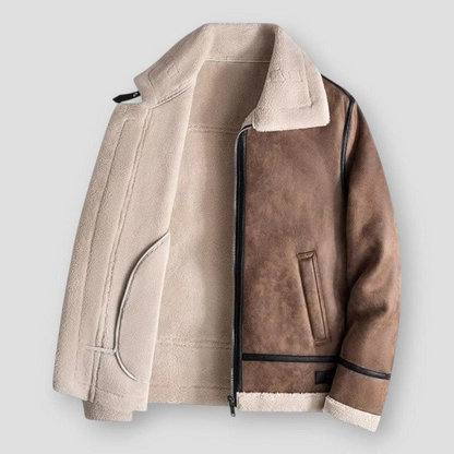 Men's black faux leather relaxed fit hip-length jacket with plush shearling trim and zipper closure